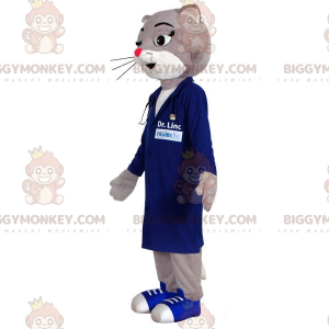 BIGGYMONKEY™ Maskotdräkt Grå och vit katt klädd i blå smock -
