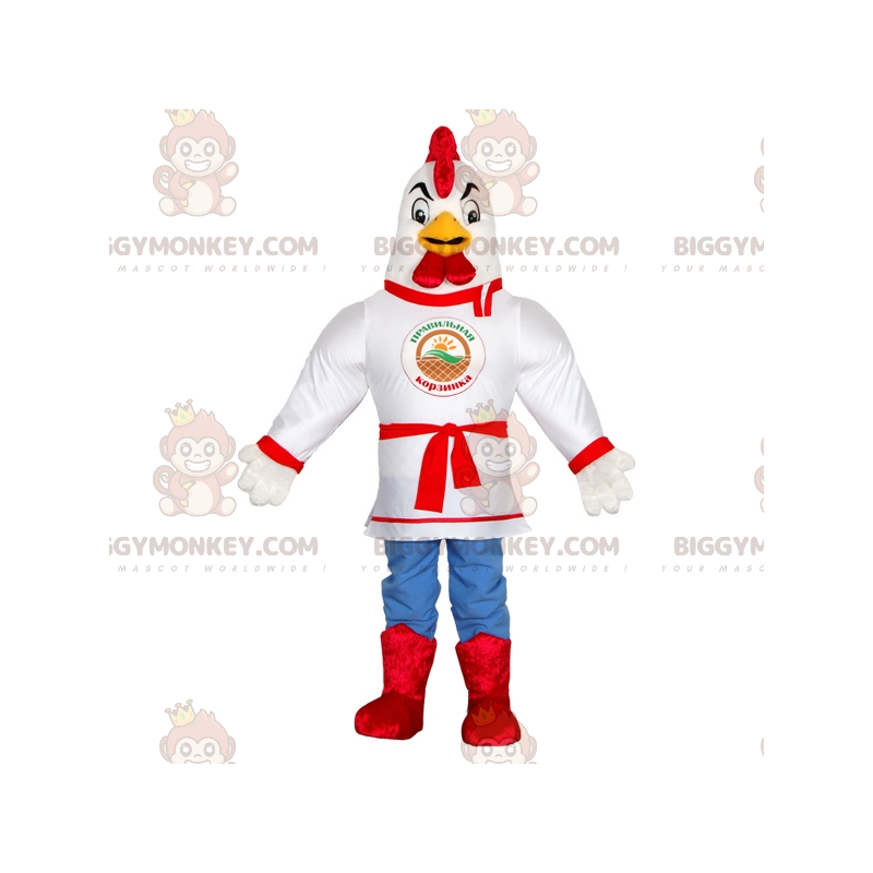 Disfraz de mascota White Rooster BIGGYMONKEY™ vestido con Disfraz de mascota White Rooster BIGGYMONKEY™ vestido con