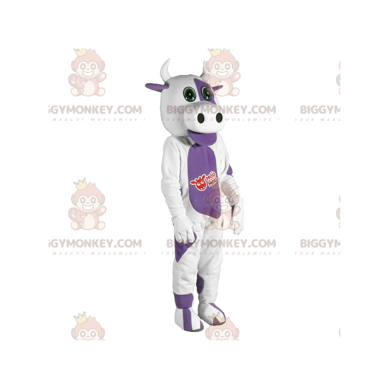 Kostium maskotka biało-fioletowa krowa BIGGYMONKEY™. kostium Kostium maskotka biało-fioletowa krowa BIGGYMONKEY™. kostium