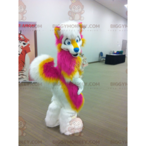 Κίτρινο και άσπρο ροζ κοστούμι μασκότ σκύλου BIGGYMONKEY™ -