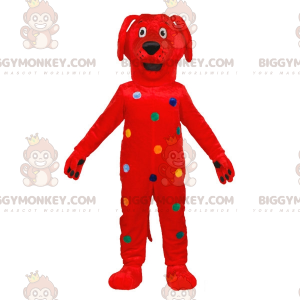 Punaisen koiran BIGGYMONKEY™ maskottiasu värikkäillä pisteillä