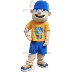 Tiener BIGGYMONKEY™ mascottekostuum gekleed in geel en blauw