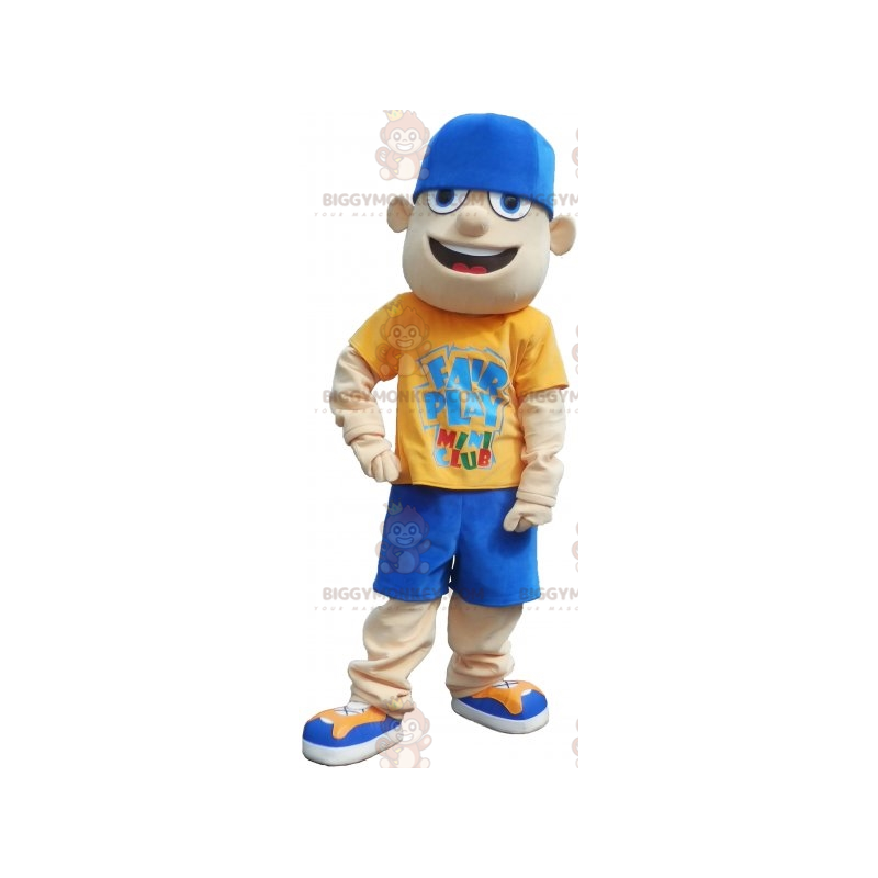 Tonåring BIGGYMONKEY™ maskotdräkt klädd i gult och blått med Tonåring BIGGYMONKEY™ maskotdräkt klädd i gult och blått med