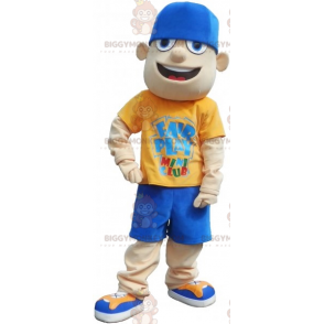 Tiener BIGGYMONKEY™ mascottekostuum gekleed in geel en blauw met pet - Menselijke mascottes - BiggyMonkey.com