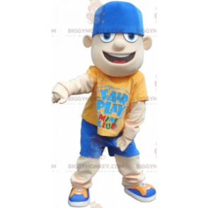 Tiener BIGGYMONKEY™ mascottekostuum gekleed in geel en blauw met pet - Menselijke mascottes - BiggyMonkey.com