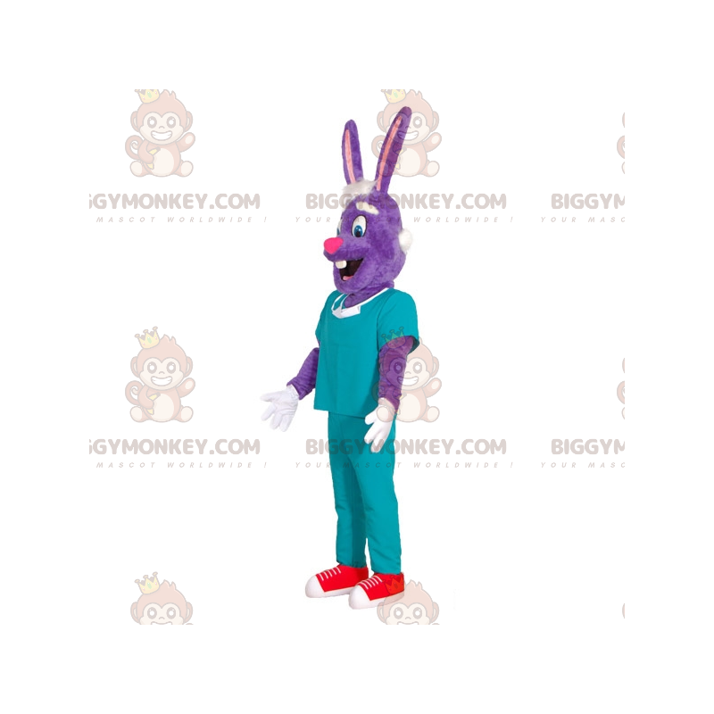 Costume de mascotte BIGGYMONKEY™ de lapin violet en tenue de Costume de mascotte BIGGYMONKEY™ de lapin violet en tenue de
