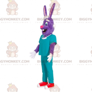 Lila Hase BIGGYMONKEY™ Maskottchen-Kostüm im Chirurgen-Outfit.