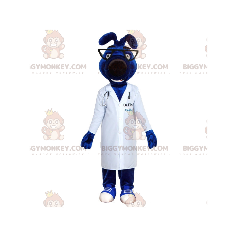 Costume de mascotte BIGGYMONKEY™ de chien bleu avec une blouse