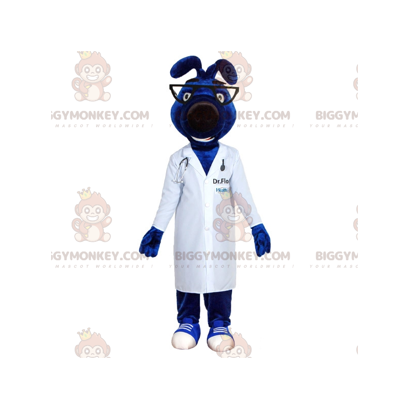 Costume de mascotte BIGGYMONKEY™ de chien bleu avec une blouse Costume de mascotte BIGGYMONKEY™ de chien bleu avec une blouse