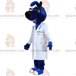 Sininen koira BIGGYMONKEY™ maskottiasu lääkärin takin kanssa -