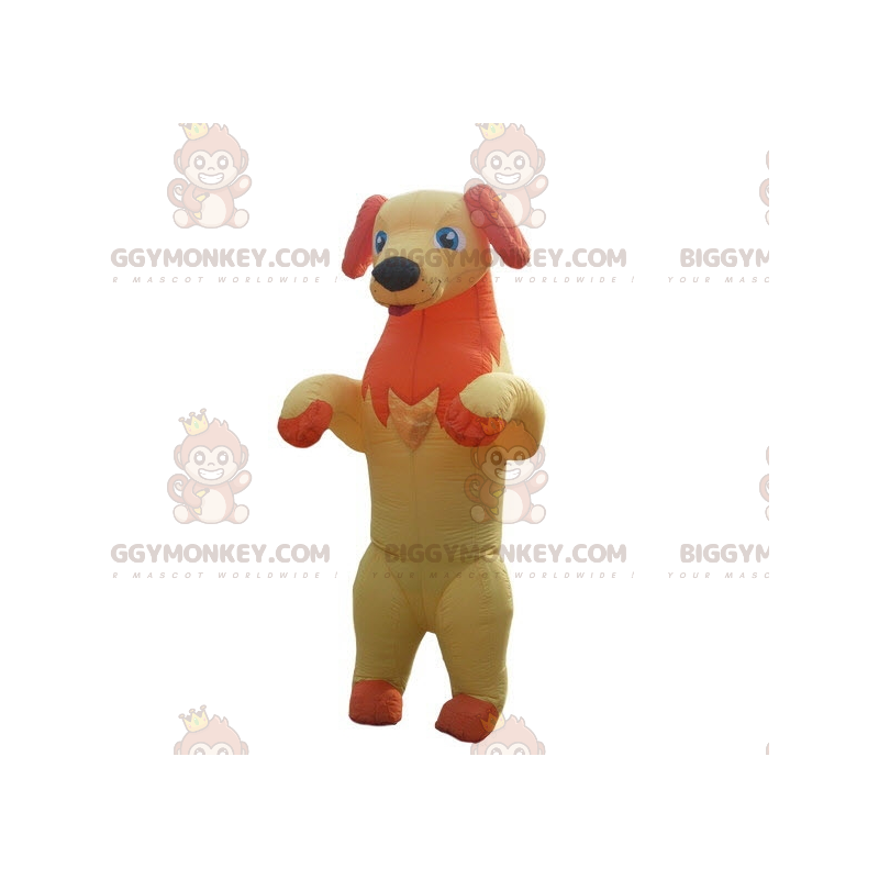 Gul och orange hund sticker ut tungan BIGGYMONKEY™ maskotdräkt
