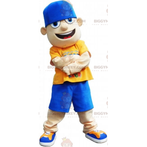 Teinipojan BIGGYMONKEY™ maskottiasu sinisessä ja keltaisessa