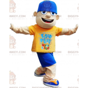 Στολή μασκότ έφηβη BIGGYMONKEY™ σε μπλε και κίτρινο ρούχο -