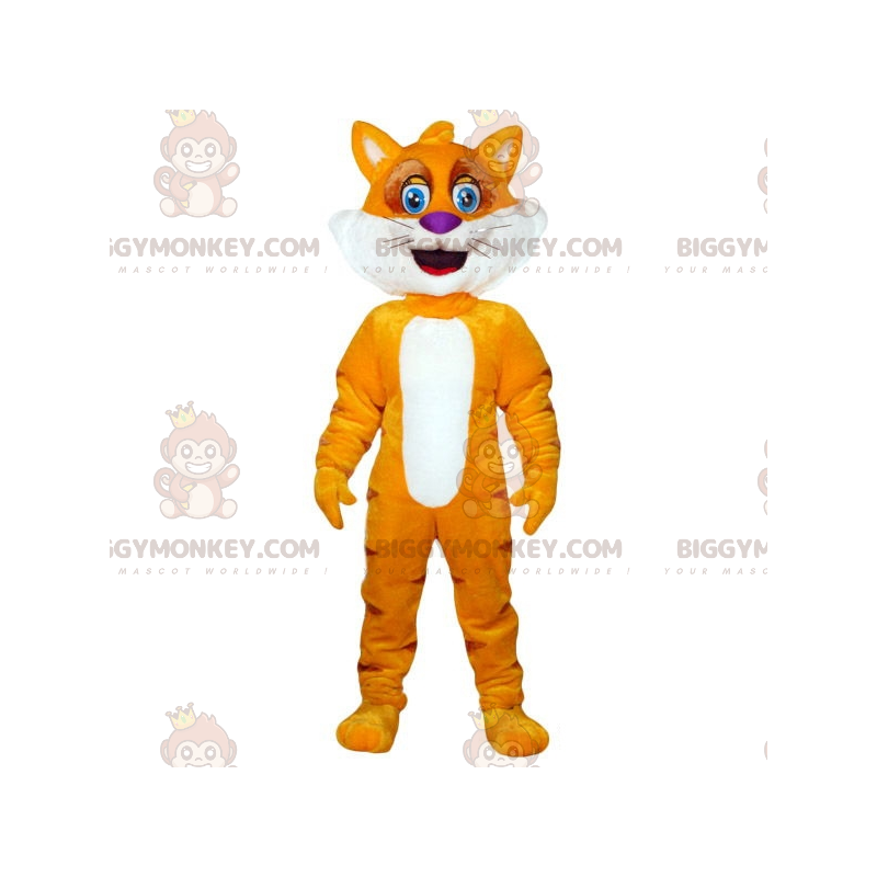 Traje de mascote de gato laranja e amarelo BIGGYMONKEY™. Traje Traje de mascote de gato laranja e amarelo BIGGYMONKEY™. Traje