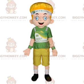 Στολή μασκότ BIGGYMONKEY™ Ξανθού αγοριού με μπλε μάτια ντυμένη στα πράσινα - Μασκότ για αγόρια και κορίτσια - BiggyMonkey.com
