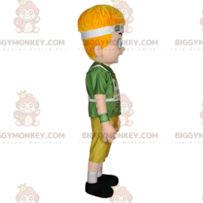 Στολή μασκότ BIGGYMONKEY™ Ξανθού αγοριού με μπλε μάτια ντυμένη στα πράσινα - Μασκότ για αγόρια και κορίτσια - BiggyMonkey.com