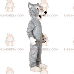 Κοστούμι μασκότ με γκρίζο και λευκό λύκο BIGGYMONKEY™. Στολή