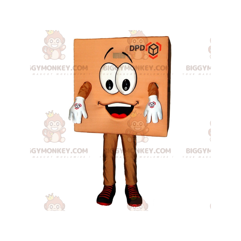 Smiling Brown Delivery Parcel Cardboard BIGGYMONKEY™ Mascot Smiling Brown Delivery Parcel Cardboard BIGGYMONKEY™ Mascot