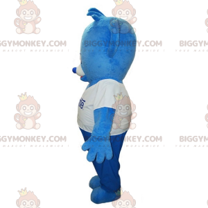 Traje de mascote de ursinho de pelúcia azul e branco