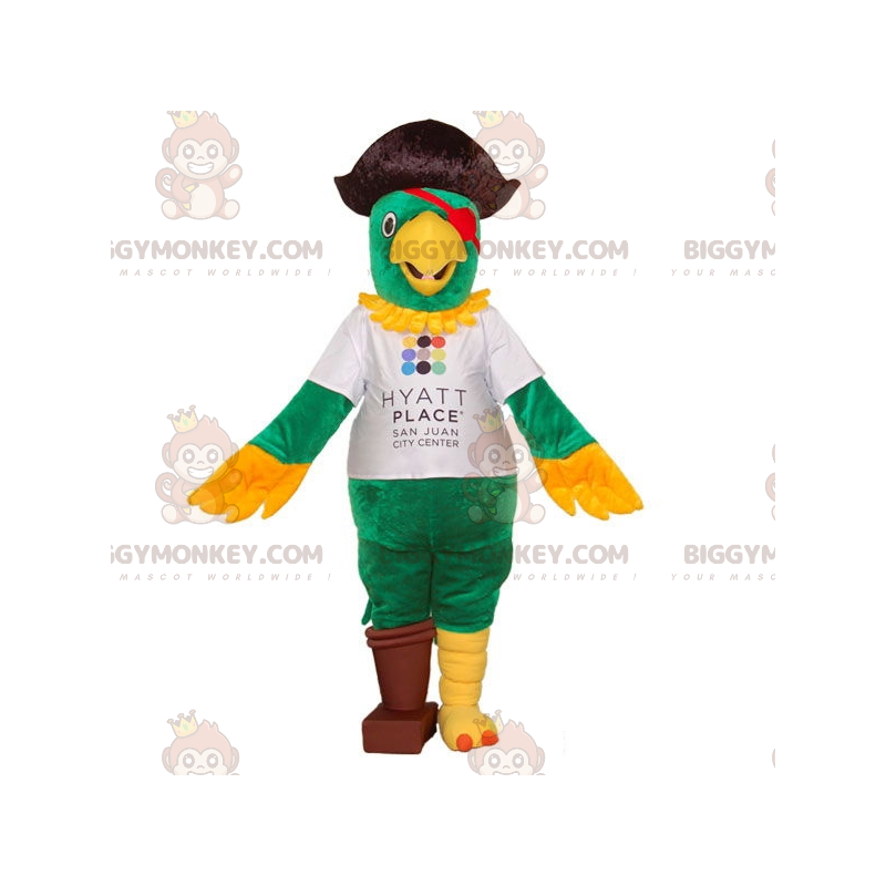 BIGGYMONKEY™ mascottekostuum van papegaai verkleed als piraat. BIGGYMONKEY™ mascottekostuum van papegaai verkleed als piraat.
