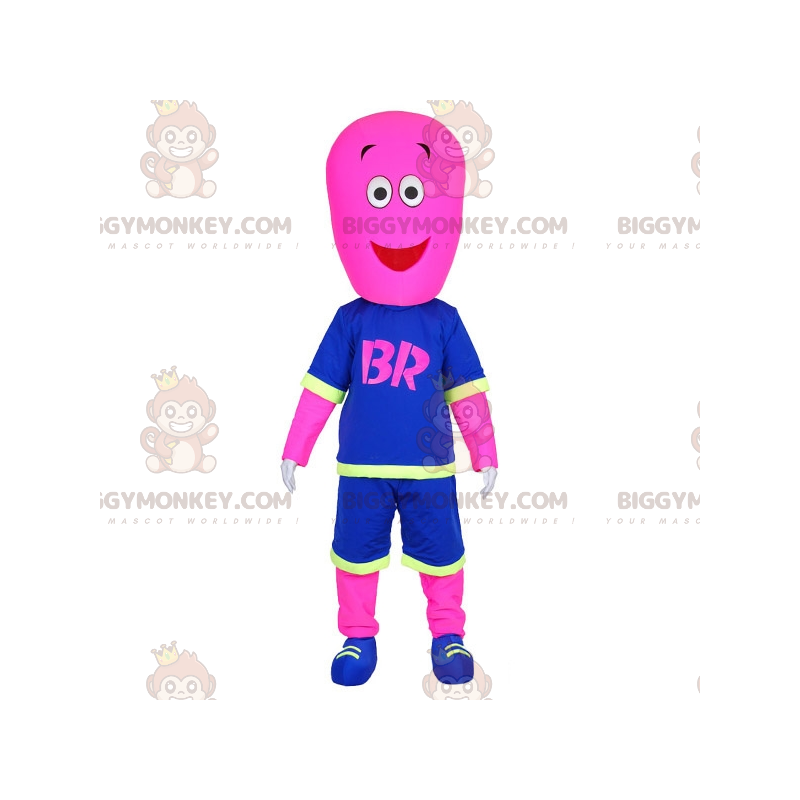 Disfraz de mascota Pink Man BIGGYMONKEY™ vestido con traje de Disfraz de mascota Pink Man BIGGYMONKEY™ vestido con traje de