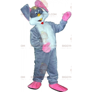 Traje de mascote BIGGYMONKEY™ cinza branco e coelho rosa.