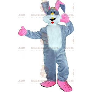 BIGGYMONKEY™ mascot costume gray white and pink rabbit. bunny