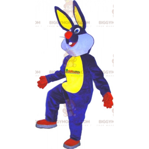 Fantasia de mascote de coelho azul amarelo vermelho e branco