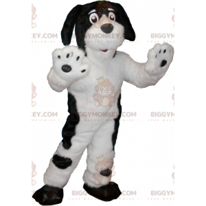 Traje de mascote macio e peludo de cachorro preto e branco