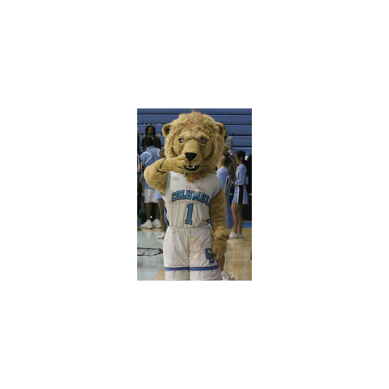 Costume de mascotte BIGGYMONKEY™ de lion marron en tenue de Costume de mascotte BIGGYMONKEY™ de lion marron en tenue de