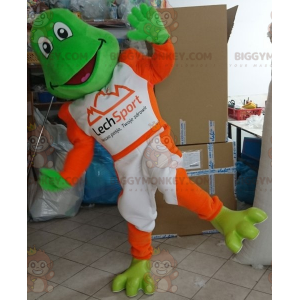 Grön groda BIGGYMONKEY™ maskotdräkt klädd i vitt och orange -