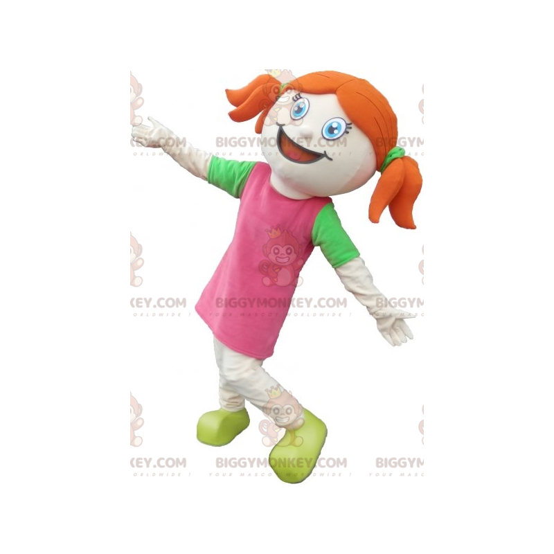 Costume de mascotte BIGGYMONKEY™ de fillette rousse habillée en Costume de mascotte BIGGYMONKEY™ de fillette rousse habillée en