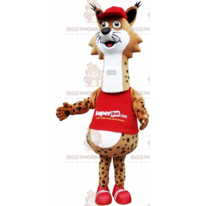 Kostým maskota BIGGYMONKEY™ Hnědobílý strakatý Bobcat oblečený v červeném - Tygří maskoti - BIGGYMONKEY_07020 - BiggyMonkey.com