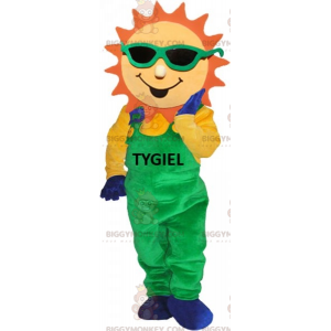 Sun BIGGYMONKEY™ Mascot Costume Dressed in Green Overalls –