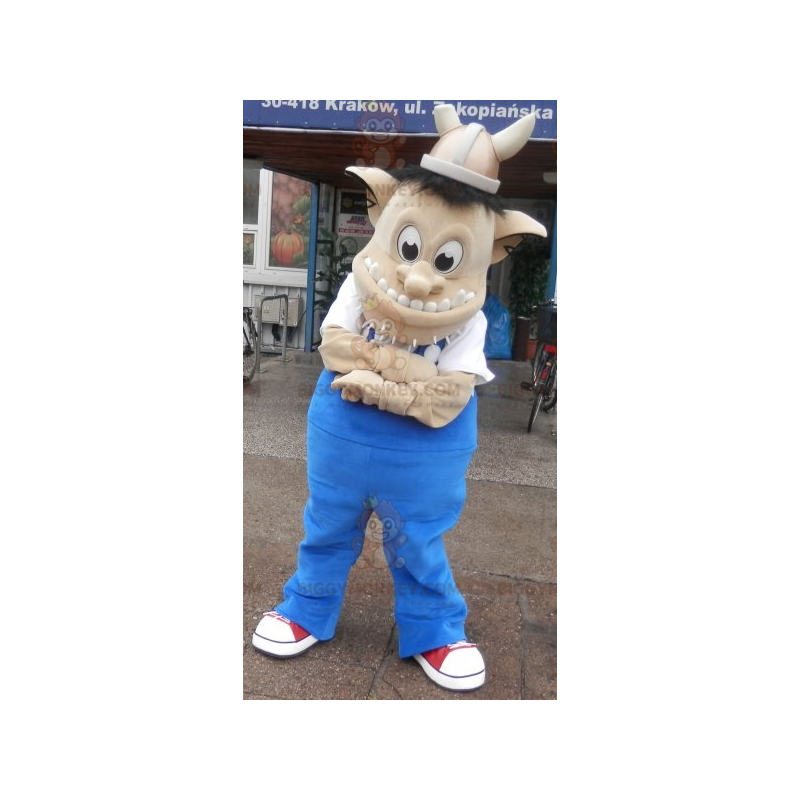 Peikko BIGGYMONKEY™ maskottiasu viikinkikypärällä. Creature Peikko BIGGYMONKEY™ maskottiasu viikinkikypärällä. Creature