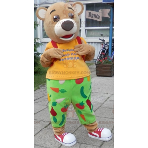 Bear BIGGYMONKEY™ mascot costume in green and yellow outfit.