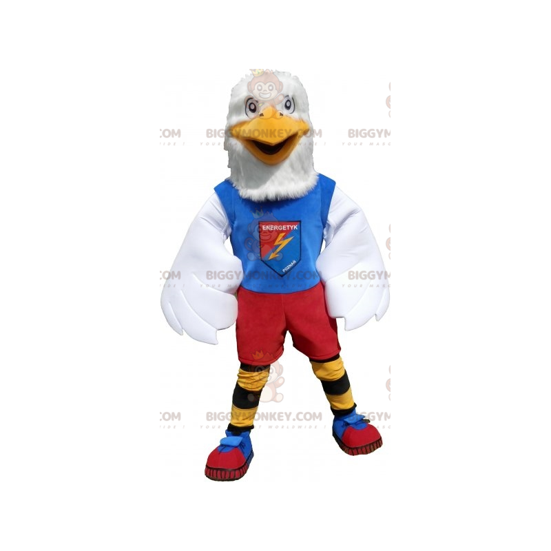 Στολή μασκότ White Eagle BIGGYMONKEY™ σε πολύχρωμα αθλητικά ρούχα - Μασκότ πουλιών - BIGGYMONKEY_07042 - BiggyMonkey.com