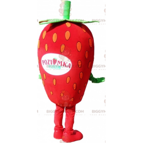 Jätte Strawberry BIGGYMONKEY™ Maskotdräkt. Röd och grön frukt