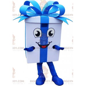 Gigantisch wit geschenk BIGGYMONKEY™ mascottekostuum met blauw
