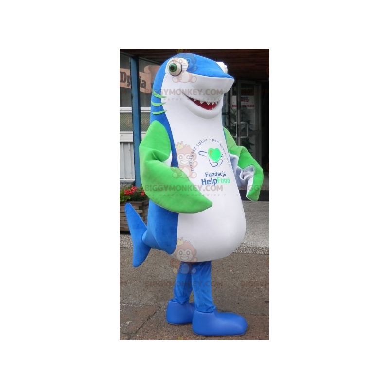 Costume de mascotte BIGGYMONKEY™ de requin bleu blanc et vert Costume de mascotte BIGGYMONKEY™ de requin bleu blanc et vert