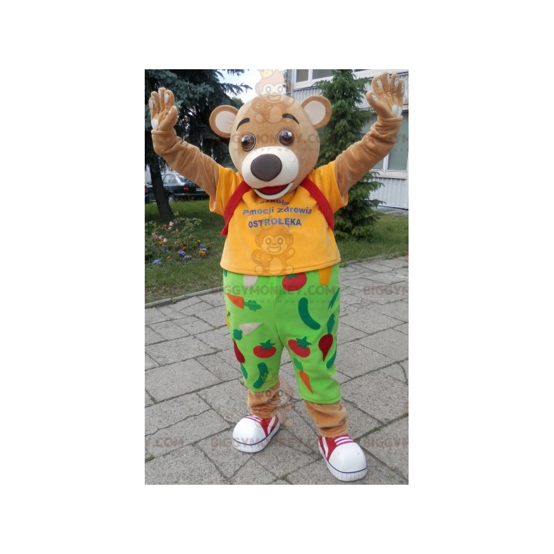 BIGGYMONKEY™ Mascot Costume of Tan Bear Dressed in Yellow and