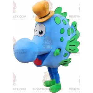 Blauer und grüner Fisch BIGGYMONKEY™ Maskottchenkostüm mit Hut