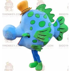 Blauer und grüner Fisch BIGGYMONKEY™ Maskottchenkostüm mit Hut