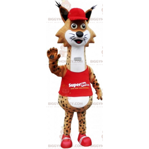 BIGGYMONKEY™ Maskotdräkt Brun och vit prickig Bobcat klädd i