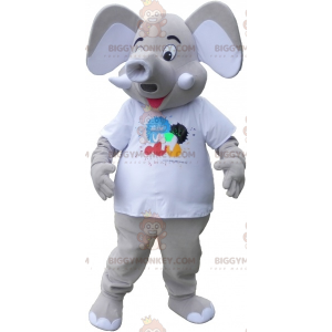 Maskot BIGGYMONKEY™ Kostým obřího šedého slona v bílém tričku –