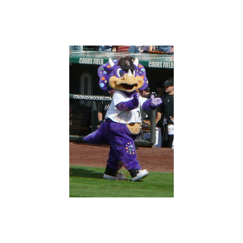 Costume da mascotte drago drago viola BIGGYMONKEY™ con pois Costume da mascotte drago drago viola BIGGYMONKEY™ con pois
