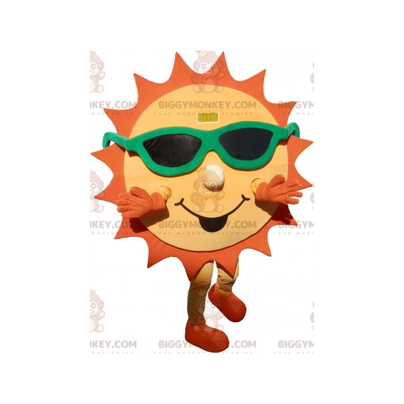 Geel en oranje zon BIGGYMONKEY™ mascottekostuum met zonnebril - Geel en oranje zon BIGGYMONKEY™ mascottekostuum met zonnebril -