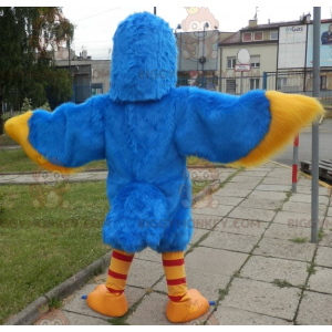 Costume da mascotte BIGGYMONKEY™ uccello blu e giallo. Costume
