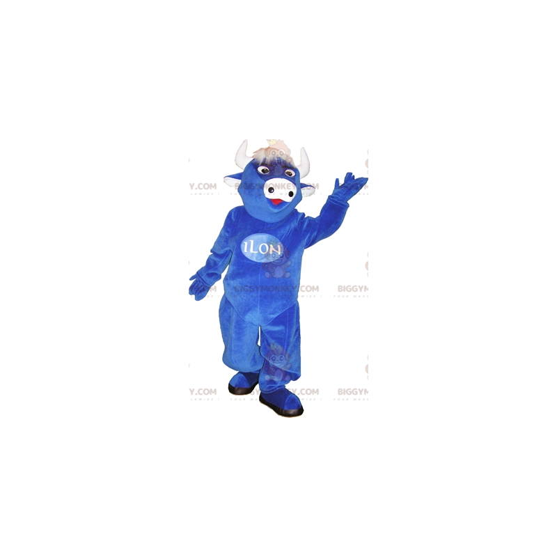 Blå och vit ko BIGGYMONKEY™ maskotdräkt. ko kostym -