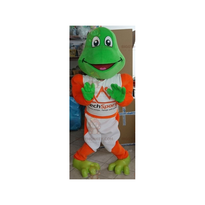 Groene kikker BIGGYMONKEY™ mascottekostuum gekleed in wit en Groene kikker BIGGYMONKEY™ mascottekostuum gekleed in wit en